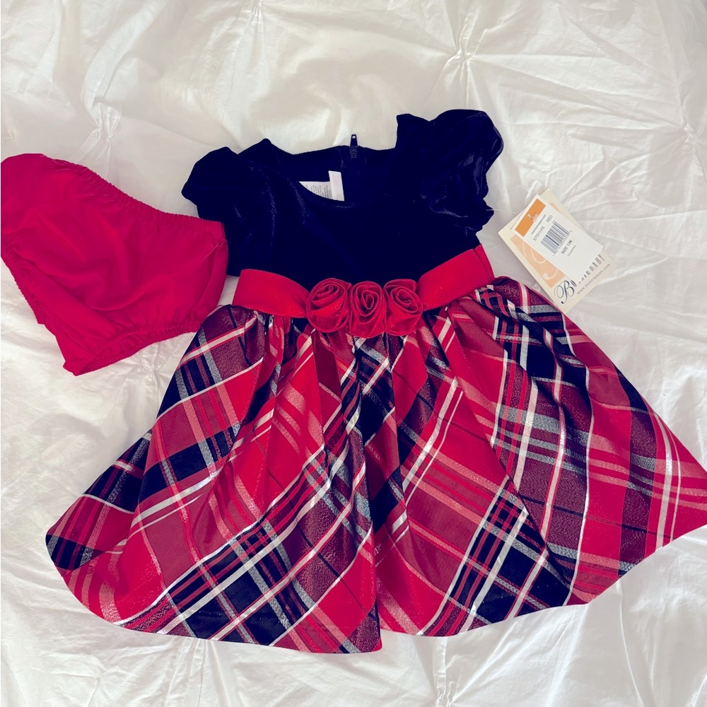 Bonnie Baby 12 mo short sleeve dress black velvet and black red plaid skirt